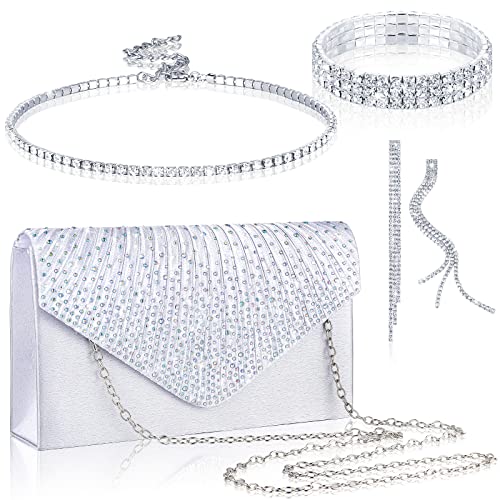 4 Pieces Women Rhinestone Jewelry Set Glitter Evening Clutch Bag Rhinestone Ear Clip Dangle Bridal Wedding Choker Bracelet Bling Envelope Handbag Purse for Party Wedding