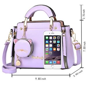 AyTotoro Purse and Handbags for Women Fashion Ladies Leather Top Handle Satchel Shoulder Bag Tote Small Cat Round bag (Purple)