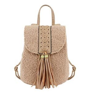 hoce women girls mini lamb wool backpack pu leather drawstring backpack solid color casual travel mini daypack with tassel