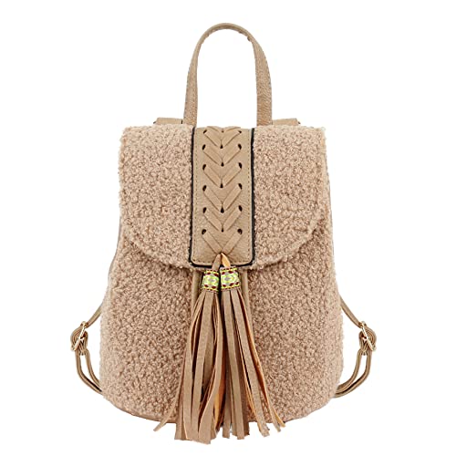 Hoce Women Girls Mini Lamb Wool Backpack PU Leather Drawstring Backpack Solid Color Casual Travel Mini Daypack with Tassel