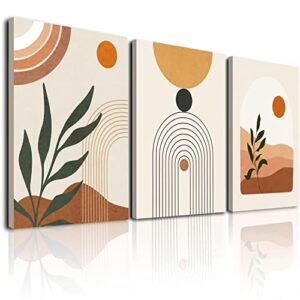 boho wall art set of 3 – boho room decor mid century modern wall art neutral abstract geometric prints black beige orange minimalist art framed canvas prints artwork 12″ x 16″ ready to hang for bathroom bedroom wall decor (3pcs boho framed-c, 12×16 inch w