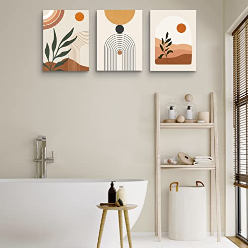 Boho Wall Art Set Of 3 - Boho Room Decor Mid Century Modern Wall Art Neutral Abstract Geometric Prints Black Beige Orange Minimalist Art Framed Canvas Prints Artwork 12" X 16" Ready To Hang For Bathroom Bedroom Wall Decor (3pcs boho Framed-C, 12x16 Inch W