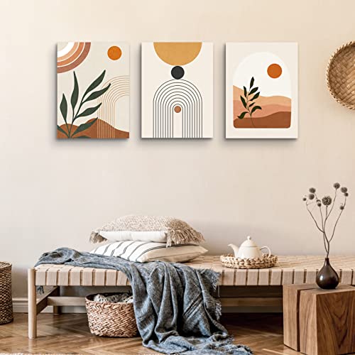 Boho Wall Art Set Of 3 - Boho Room Decor Mid Century Modern Wall Art Neutral Abstract Geometric Prints Black Beige Orange Minimalist Art Framed Canvas Prints Artwork 12" X 16" Ready To Hang For Bathroom Bedroom Wall Decor (3pcs boho Framed-C, 12x16 Inch W