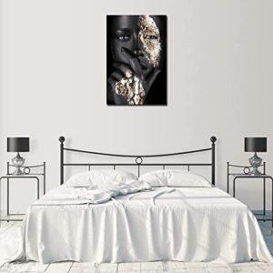 Black Woman Wall Art African American Wall Art Canvas Framed Black and Gold Women Portrait Canvas Print Artwork Black Art Wall Decor African Decorations for Living Room 12”x16”