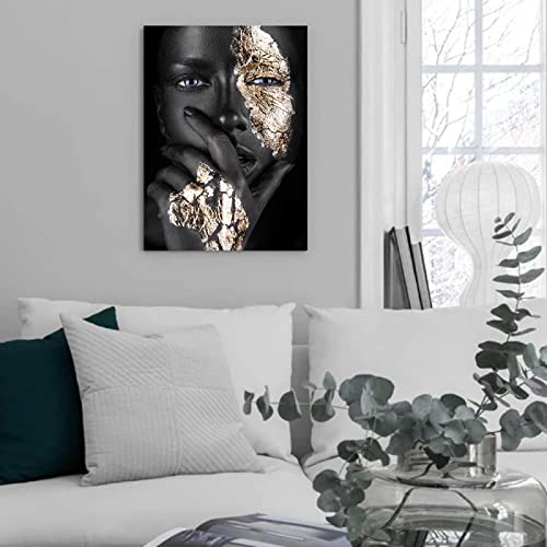 Black Woman Wall Art African American Wall Art Canvas Framed Black and Gold Women Portrait Canvas Print Artwork Black Art Wall Decor African Decorations for Living Room 12”x16”