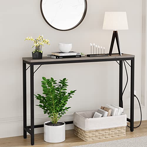 IDEALHOUSE Console Table with Power Outlets & USB Ports, Narrow Sofa Table with Charging Station, 39.3" Industrial Entryway Table, Behind Couch Table for Living Room, Hallway, Foyer, Bedroom-Grey