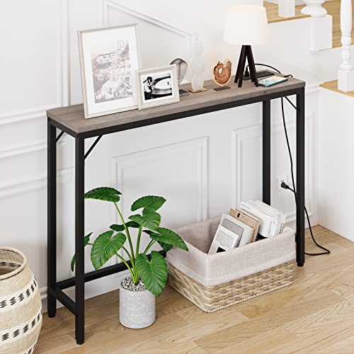 IDEALHOUSE Console Table with Power Outlets & USB Ports, Narrow Sofa Table with Charging Station, 39.3" Industrial Entryway Table, Behind Couch Table for Living Room, Hallway, Foyer, Bedroom-Grey