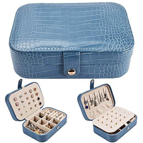 Dajasan Mini Jewelry Travel Case, Portable Travel Jewelry Box, Small Leather Jewelry Organizer Box for Earrings Bracelets Rings Necklace (Blue)