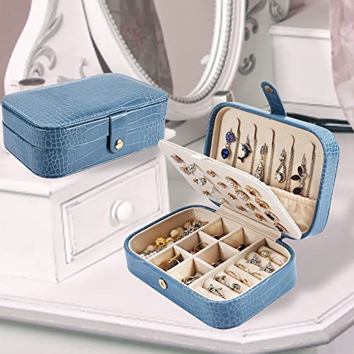 Dajasan Mini Jewelry Travel Case, Portable Travel Jewelry Box, Small Leather Jewelry Organizer Box for Earrings Bracelets Rings Necklace (Blue)