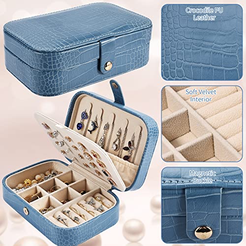 Dajasan Mini Jewelry Travel Case, Portable Travel Jewelry Box, Small Leather Jewelry Organizer Box for Earrings Bracelets Rings Necklace (Blue)