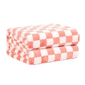 fy fiber house checkered flannel fleece throw blanket soft cozy checkerboard grid print chessboard gingham pattern blankets for bed couch sofa, 50″x60″, pink