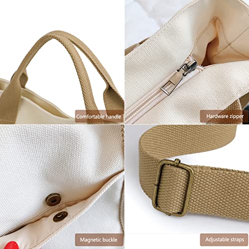 Canvas Tote Bag for Women Work Satchel Bags Messenger Bag with Zipper White Over The Shoulder Purses Cross Body Bag Purses for Women Travel Hobo Adjustable Thick Strap Crossbody Handbags Purse Trendy