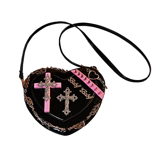 Ftchangfang Gothic Punk purse bag Y2K Heart Cute Lolita shoulder bag for women (Black)