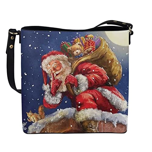 HUGS IDEA Tote Bag for Women Pu Leather Satchel Bags Handbag with Christmas Santa Claus Crossbody Hobo Purse for Outdoor Travel Holiday Vacation