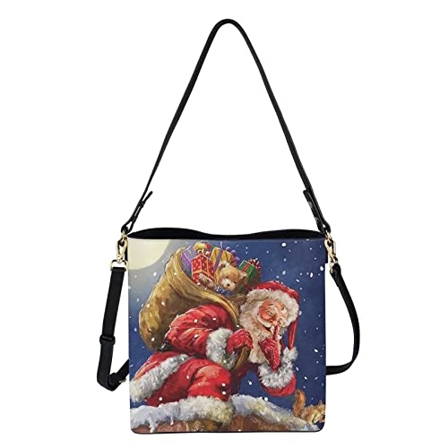 HUGS IDEA Tote Bag for Women Pu Leather Satchel Bags Handbag with Christmas Santa Claus Crossbody Hobo Purse for Outdoor Travel Holiday Vacation