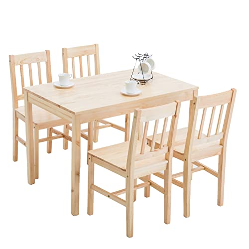 Alohappy Dining Table Set for 4, Pine Wood Kitchen Table Dining Table and Chairs Set 5PCS for 4 Person for Kitchen Dining Room Living Room