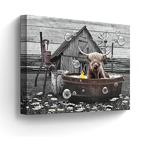 Farmhouse Bathroom Decor Wall Art Funny Highland Cow in Bathtub Pictures Wall Decor Rustic Bathroom Cow Painting for Bathroom Toilet Cattle Artwork Framed 12"x16"