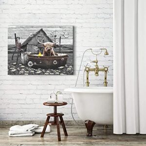 Farmhouse Bathroom Decor Wall Art Funny Highland Cow in Bathtub Pictures Wall Decor Rustic Bathroom Cow Painting for Bathroom Toilet Cattle Artwork Framed 12"x16"