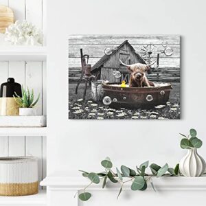 Farmhouse Bathroom Decor Wall Art Funny Highland Cow in Bathtub Pictures Wall Decor Rustic Bathroom Cow Painting for Bathroom Toilet Cattle Artwork Framed 12"x16"