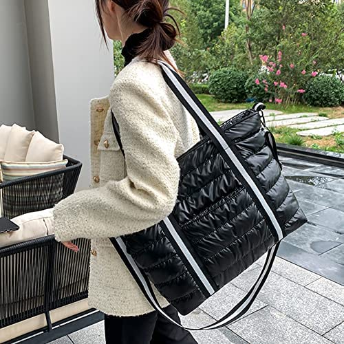 Large Puffy Tote Bag for Women Lightweight Quilted Cotton Padded Shoulder Bag Winter Down Handbag Crossbody Bag (w)