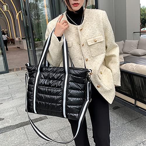 Large Puffy Tote Bag for Women Lightweight Quilted Cotton Padded Shoulder Bag Winter Down Handbag Crossbody Bag (w)