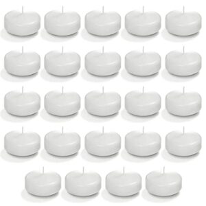 premium 24 piece 2 inch unscented white dripless wax burning floating candles centerpieces, 4+ hour burn, round tealight shaped disks for wedding, parties, special occasions, home decoration teal nine