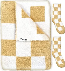 orelle “cream puff” – soft knit checkered throw blanket & socks – cozy checkered blanket throw – fluffy checkerboard blanket – aesthetic tan checker blanket checkered decor – buttercream beige. 55×67