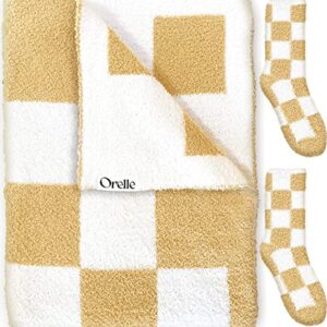 Orelle “Cream Puff” - Soft Knit Checkered Throw Blanket & Socks - Cozy Checkered Blanket Throw - Fluffy Checkerboard Blanket - Aesthetic Tan Checker Blanket Checkered Decor - Buttercream Beige. 55x67