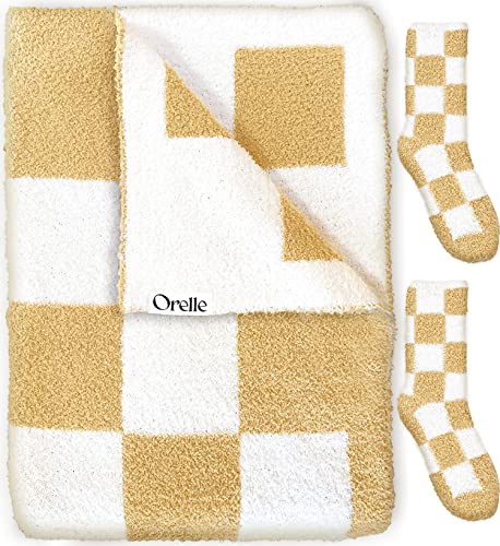 Orelle “Cream Puff” - Soft Knit Checkered Throw Blanket & Socks - Cozy Checkered Blanket Throw - Fluffy Checkerboard Blanket - Aesthetic Tan Checker Blanket Checkered Decor - Buttercream Beige. 55x67