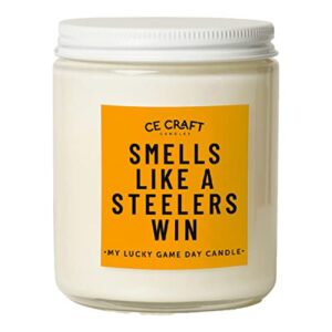 ce craft – smells like a steelers win candle – football themed candle, gift for dad, gift for son, football gift, steelers themed candle, gift for him (iced vanilla woods)