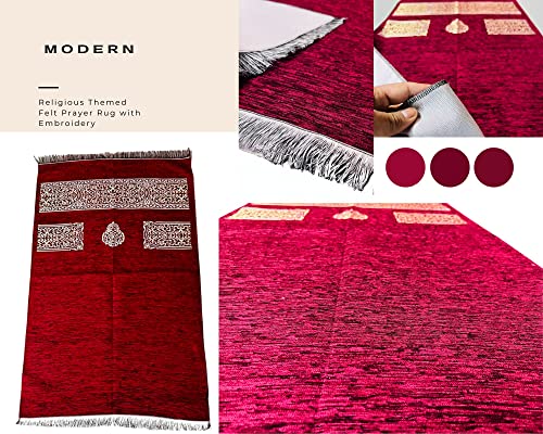 Muslim Prayer Rug, Prayer Mat, Special Turkish Prayer Mats, Prayer Rug for Muslim Man, Women, Kaaba Themed Janamaz for Salat, Namaz, 5 Time Prayers 44" x 27" 280gm (Red)