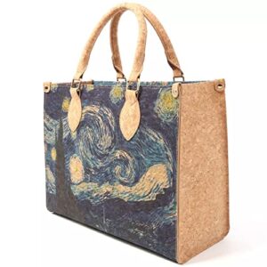 vegan cork tote bag shoulder bag handbag with starry night pattern natural, plant based product eco friendly gift