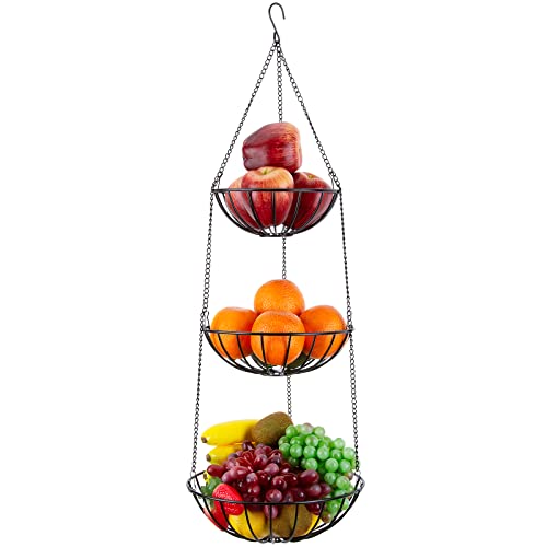 3-Tier Hanging Fruits Basket Metal: Heavy Duty Wire Vegetable Round Storage Basket with Ceiling Hooks Chain, Fruteros Para Cocin Storage Organizer for Kitchen Garden, Black