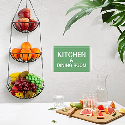 3-Tier Hanging Fruits Basket Metal: Heavy Duty Wire Vegetable Round Storage Basket with Ceiling Hooks Chain, Fruteros Para Cocin Storage Organizer for Kitchen Garden, Black