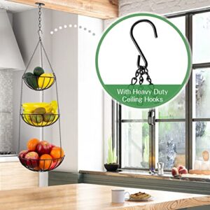 3-Tier Hanging Fruits Basket Metal: Heavy Duty Wire Vegetable Round Storage Basket with Ceiling Hooks Chain, Fruteros Para Cocin Storage Organizer for Kitchen Garden, Black