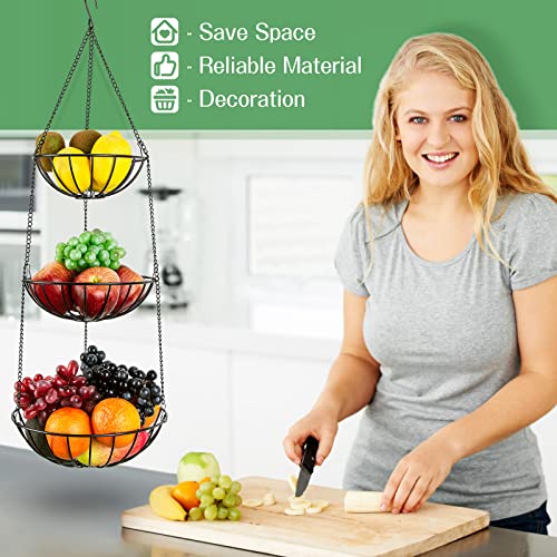 3-Tier Hanging Fruits Basket Metal: Heavy Duty Wire Vegetable Round Storage Basket with Ceiling Hooks Chain, Fruteros Para Cocin Storage Organizer for Kitchen Garden, Black