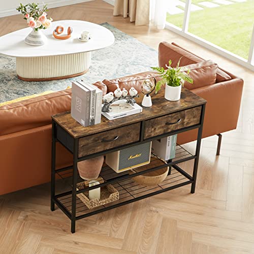 Lifewit 39.4” Console Entryway Table with 2 Fabric Drawers,3-Tier Industrial Sofa Table with Storage Shelves for Hallway, Living Room,Bedroom,Wood Top, Metal Frame, Rustic Brown, Easy Assembly