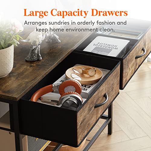 Lifewit 39.4” Console Entryway Table with 2 Fabric Drawers,3-Tier Industrial Sofa Table with Storage Shelves for Hallway, Living Room,Bedroom,Wood Top, Metal Frame, Rustic Brown, Easy Assembly