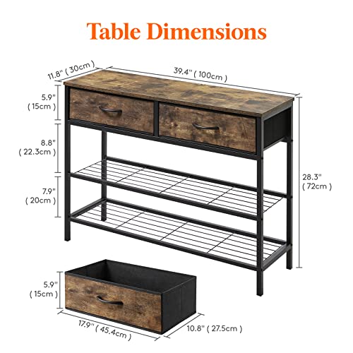 Lifewit 39.4” Console Entryway Table with 2 Fabric Drawers,3-Tier Industrial Sofa Table with Storage Shelves for Hallway, Living Room,Bedroom,Wood Top, Metal Frame, Rustic Brown, Easy Assembly