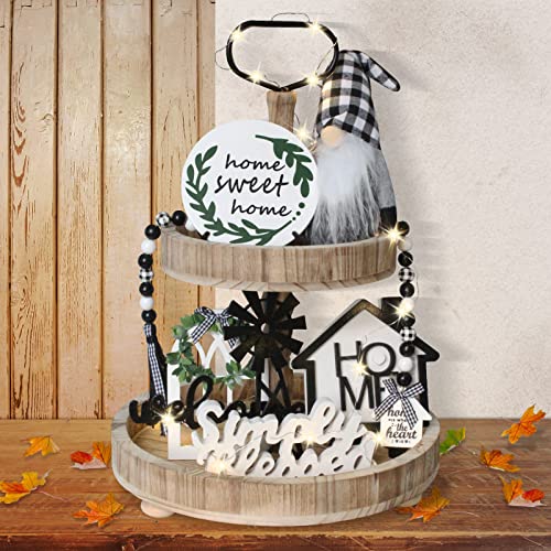 10 Pieces Farmhouse Tiered Tray Decor, Kitchen Decor Black White Plaid Gnome Wooden Mini Sign Table Decoration with String Lights for Farmhouse Rustic Home Kitchen Table Decor Tier Tray Ornaments Set