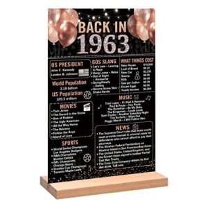 trgowaul 60th birthday anniversary decorations for women, rose gold back in 1963 birthday poster acrylic table sign with stand, 60 anniversary decor gifts, vintage 1963 party supplies 60 birthday