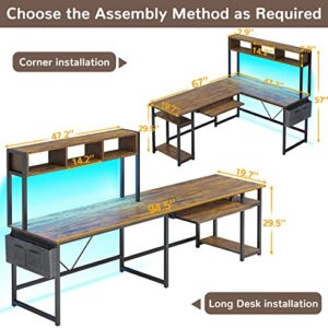 SEDETA L Shaped Computer Desk, Reversible Corner Desk or 94.5" Office Desk, Computer Desk with Led Lights, Keyboard Tray, Headphone Hook and Storage Shelves for Home Office, Rustic Brown