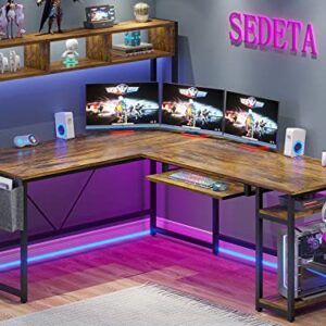 SEDETA L Shaped Computer Desk, Reversible Corner Desk or 94.5" Office Desk, Computer Desk with Led Lights, Keyboard Tray, Headphone Hook and Storage Shelves for Home Office, Rustic Brown