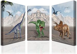 boy room dinosaur framed wall art posters, brachiosaurus tyrannosaurus triceratops pterosaurs teen room wall décor, for kids bedroom, nursery bedroom 12″x16″x3pcs