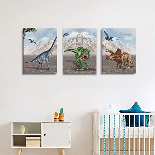 Boy Room Dinosaur Framed Wall Art Posters, Brachiosaurus Tyrannosaurus Triceratops Pterosaurs Teen Room Wall Décor, for Kids Bedroom, Nursery Bedroom 12"x16"x3Pcs