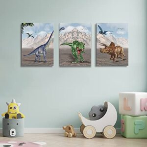 Boy Room Dinosaur Framed Wall Art Posters, Brachiosaurus Tyrannosaurus Triceratops Pterosaurs Teen Room Wall Décor, for Kids Bedroom, Nursery Bedroom 12"x16"x3Pcs