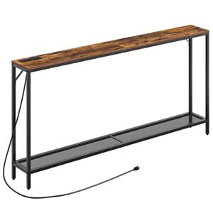 alloswell 63” sofa table with power outlets, 2-tier console table with charging station, couch table, narrow long behind sofa table, for living room, entryway, foyer, rustic brown and black cthr22e01