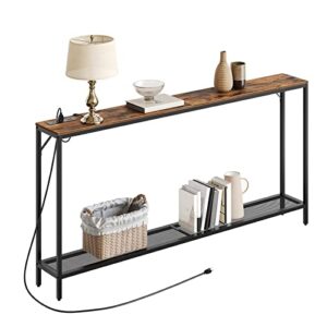 ALLOSWELL 63” Sofa Table with Power Outlets, 2-Tier Console Table with Charging Station, Couch Table, Narrow Long Behind Sofa Table, for Living Room, Entryway, Foyer, Rustic Brown and Black CTHR22E01