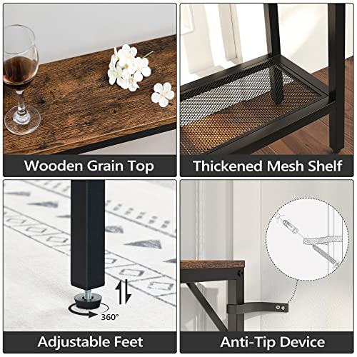 ALLOSWELL 63” Sofa Table with Power Outlets, 2-Tier Console Table with Charging Station, Couch Table, Narrow Long Behind Sofa Table, for Living Room, Entryway, Foyer, Rustic Brown and Black CTHR22E01