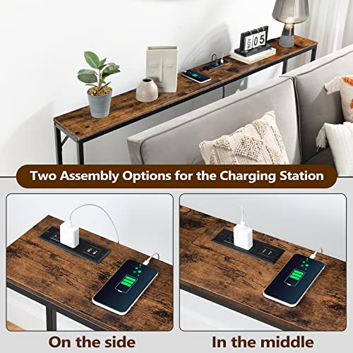 ALLOSWELL 63” Sofa Table with Power Outlets, 2-Tier Console Table with Charging Station, Couch Table, Narrow Long Behind Sofa Table, for Living Room, Entryway, Foyer, Rustic Brown and Black CTHR22E01